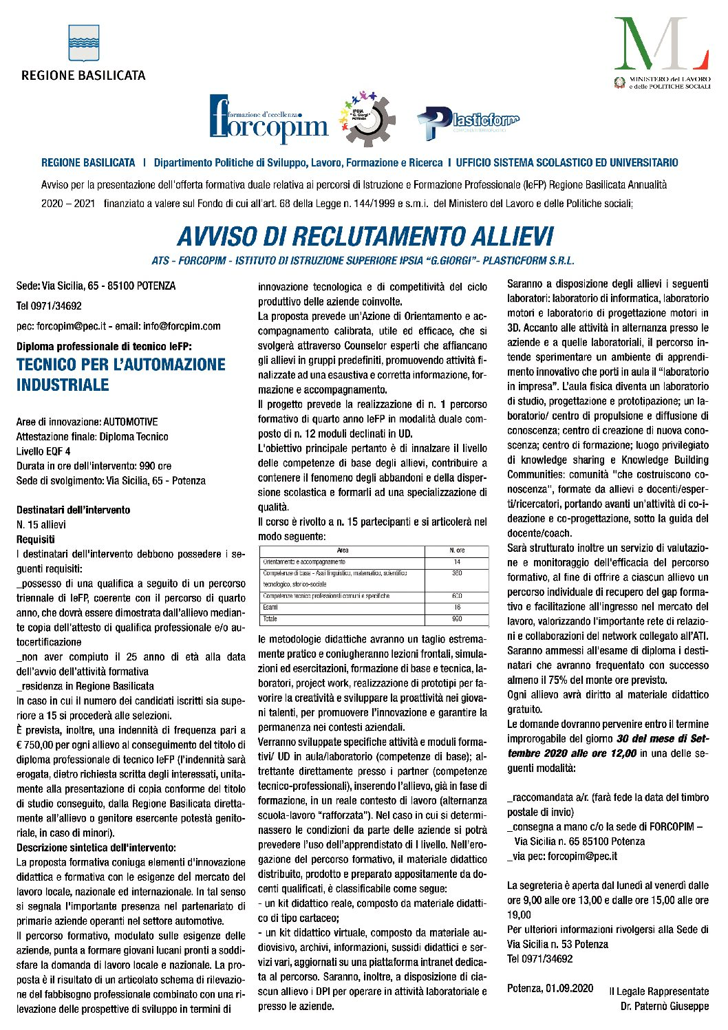 AVVISO DI RECLUTAMENTO ALLIEVI: TECNICO PER L’AUTOMAZIONE INDUSTRIALE